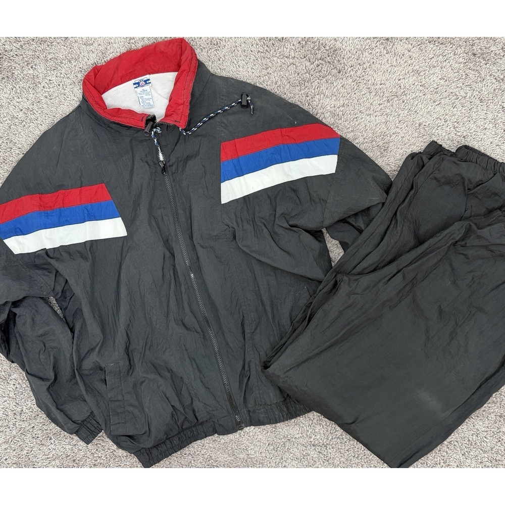 Vintage Pro Spirit Men's XL Black Striped 2pc Windbreaker Tracksuit